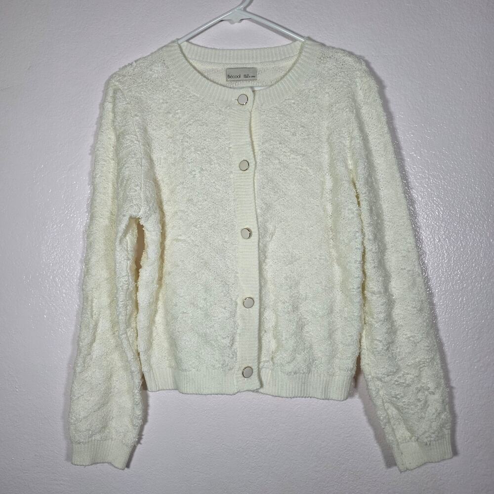 BeCool Ivory Cable Knit Cardigan Pearl Button Coquette Cottagecore Womens M